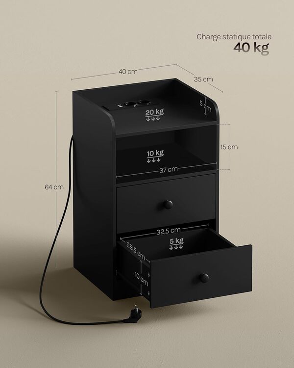 WOLTU Lot de 2 Table de Chevet avec Prises Électriques, Ports USB et Lumière LED, Table d'Appoint avec Tiroirs et Compartiment Ouvert, Table de Canapé en Panneaux E1, Noir, NTS07sz-2