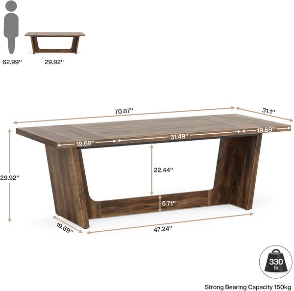 Tribesigns Bureau d'ordinateur de 180 cm : grand bureau à domicile avec piédestal en bois massif, table d'écriture industrielle en bois, meuble de travail, marron