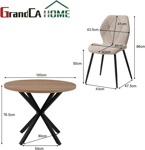 GrandCA HOME Ensemble Table et Chaises à Manger, Table à Manger Ronde de 100 cm et 4 Chaises en Lin Modernes, pour Salle à Manger, Cuisine, Salon (Claire + Kaki)