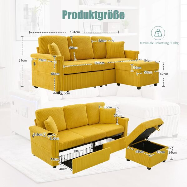 Canapé d'angle Moderne en Velours avec éclairage LED,Port USB&Type-C,2 tiroirs,Repose-Pieds de Rangement,Porte-gobelets Pratiques et Poches latérales,canapé 3 Places (B-Jaune)