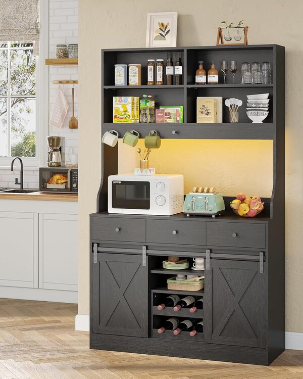 Buffet Cuisine Meuble Rangement Multiprise, Grand Espace Étagères Réglables, Armoire 3 Tiroirs Étagère Vin Amovible, Plan Travail, 103,5*40*180 cm, Noir DJ503260