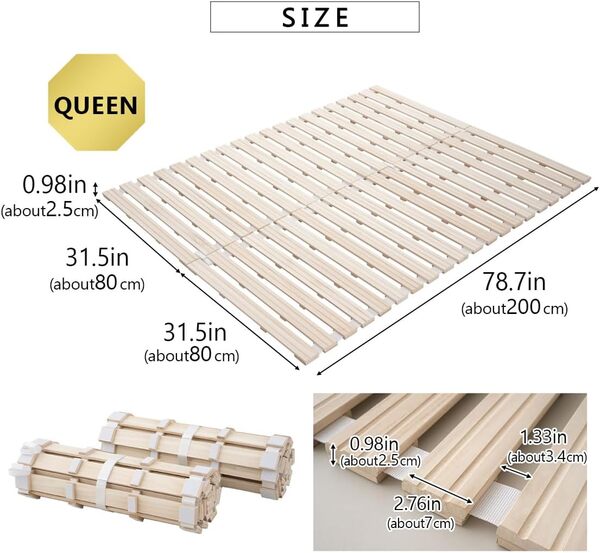 EMOOR Lit à Lattes en Bois de Type Rouleau Queen Taille (160 x 200 cm) Franco-Tower pour Matelas Futon de Sol Japonais, Paulownia Non Peint, Literie de Sommeil Invité Tatami Mat