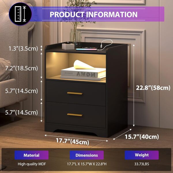 dnbss Table de chevet à DEL noire avec station de charge, tables de nuit modernes avec lumières LED RVB 24 couleurs, table de chevet noire intelligente avec 2 tiroirs pour chambre à coucher