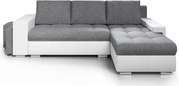Canapé d'angle Simon 255 cm - Convertible et réversible avec Coffre - 3 Places - Simili Blanc/Tissu Gris + 2 poufs