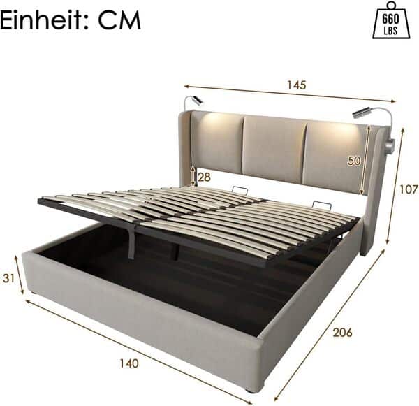 Sweiko Rembourré Cadre de Lit avec éclairage LED sommier et Rangement à Lattes,USB Chargement,140x200 Coffre de lit sommier à Lattes en Double Adulte Lit pour Adolescents,Linen (sans Matelas)