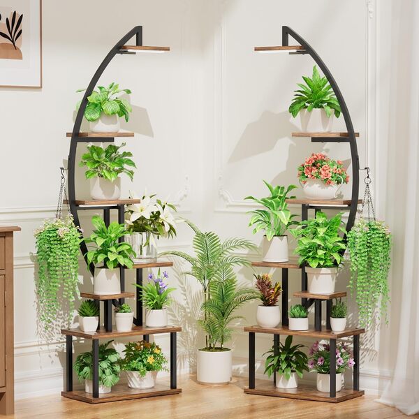 Grand support pour plantes d'intérieur avec lampe de culture, 7 niveaux en métal pour plantes, grande étagère de présentation, étagère en forme de demi-lune, salon, terrasse, balcon, Lot de 2