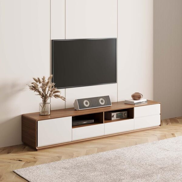 POVISON Meuble TV Moderne 180cm, Meuble TV Bois et Blanc avec Rangement 4 Tiroirs et 2 Etageres, Meuble de Salon Aucun Assemblage requis, 180 * 40 * 38cm