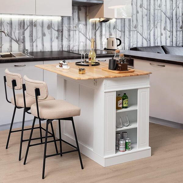 KOMFOTTEU Îlot Central Mobile avec Plan de Travail en Bois Massif, Desserte de Cuisine avec 2 Tiroirs & Étagères latérales à 3 Niveaux, Desserte de Service, 120 x 61 x 92 cm (Blanc)