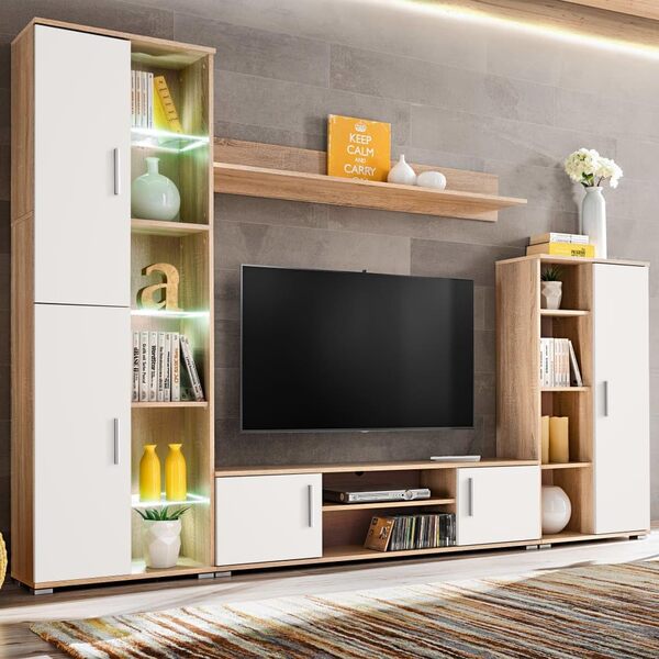 vidaXL Meuble TV Mural avec Lumière LED, Armoire de Télévision avec Étagère, Meuble Télé de Salon Intérieur, Moderne, Chêne Sonoma et Blanc