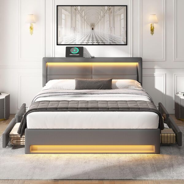 Lit 140 x 190 avec Sommier LED et USB, Coffre 4 Tiroirs, Tête de Lit, Double à Lattes 2 Personnes, Rembourré Cadre (Sans Matelas)