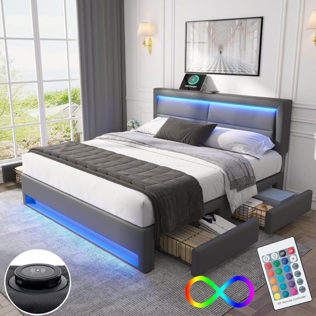 Test du lit 140 x 190 avec sommier LED et coffre de rangement