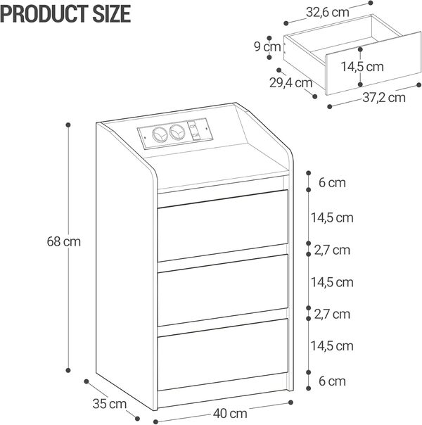 Hzuaneri Table de Chevet Lot de 2 avec 3 Tiroirs, Table d'Appoint avec Station de Charge et LED, 2 Prises CA et 2 Ports USB pour Chambre à Coucher, Salon, Blanc NS40103X