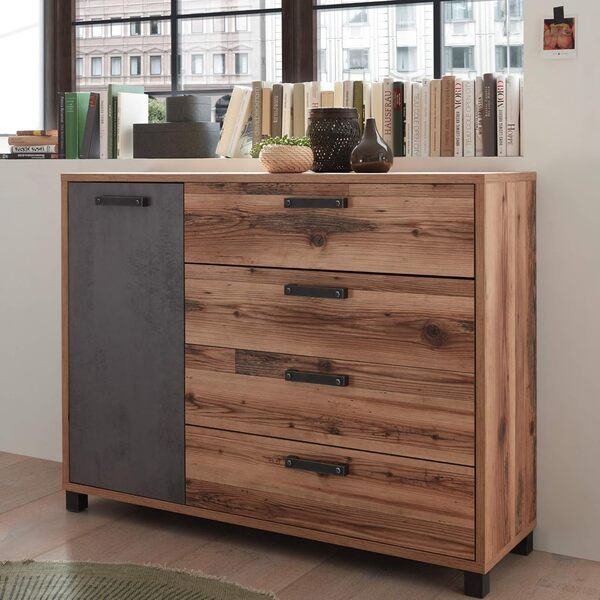 Stella Trading Dover Commode Aspect Alpine Lodge/Béton - Commode Moderne & Expressive pour Votre Chambre à Coucher - 125 x 96 x 38 cm (l/h/p)