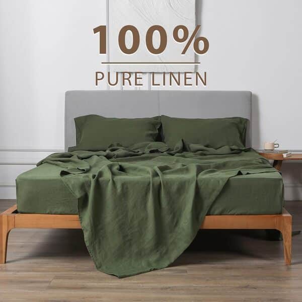 XZ XIFA Parure de lit 4 pièces en lin vert, 100 % lin pur lavé à la française, poches profondes, draps rafraîchissants, literie esthétique (1 drap plat, 1 drap-housse, 2 taies d'oreiller)