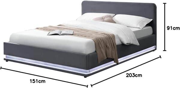 CONCEPT USINE - Lit New York Double en Velours Gris avec LED & Coffre de Rangements Intégrées 140 x 190 cm - Cadre de Lit Design 2 Places avec Sommier pour 2 Personnes - Couleur LED Blanche