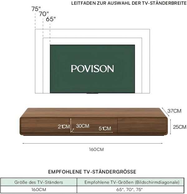 POVISON Meuble TV Suspendu 160cm, Meuble TV Flottant avec Rangement 3 Tiroirs, Table TV Bois Massif, Entièrement Assemblé, 160 * 37 * 25CM