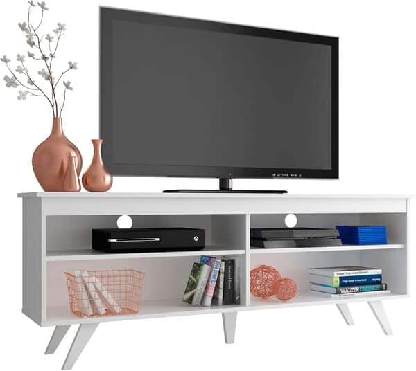 Madesa Meuble TV Moderne pour téléviseurs jusqu'à 65 Pouces, Console Meuble avec 4 étagères et Gestion des câbles, Bois, 150 x 38 x 58 cm - Blanc