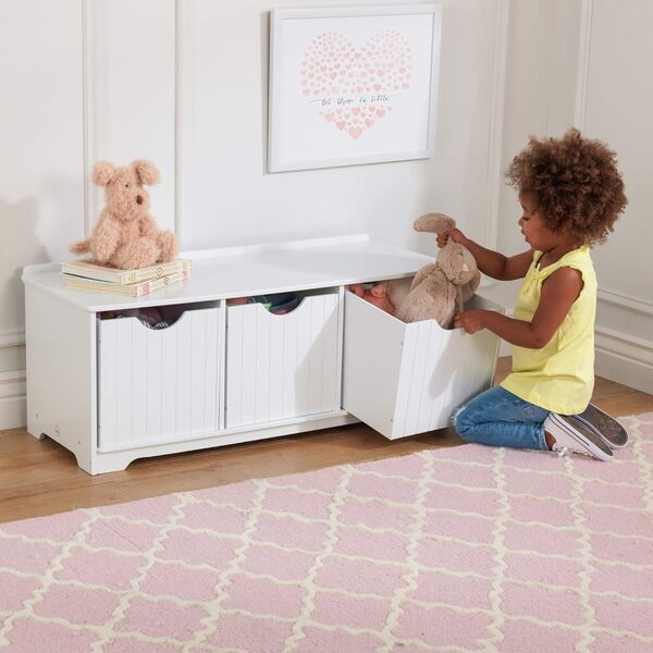 KidKraft Banc de Rangement Nantucket Blanc en Bois pour Jouets d'enfants avec 3 Paniers de Rangement, Meuble de Rangement avec 3 Bacs, Meubles de Chambre d'enfant, 14564