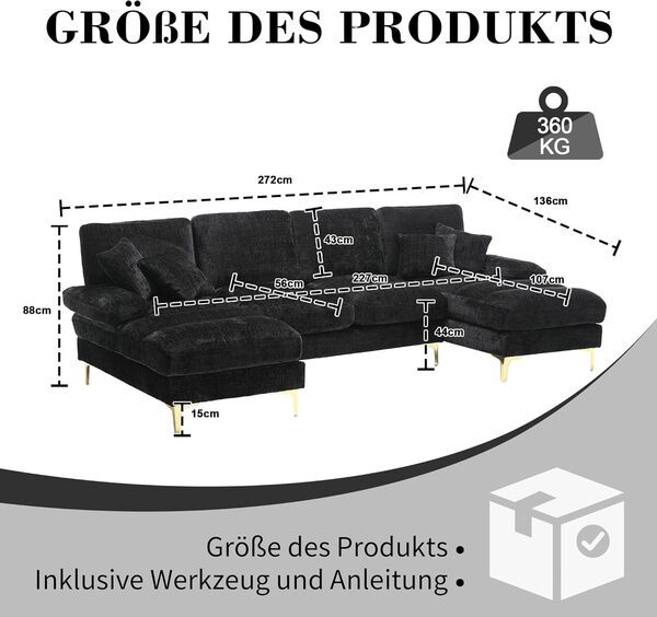 Grand canapé d'angle Moderne en U,avec Fauteuil inclinable Double,canapé 4 Places en Chenille,Canapé de Salon (Noir)