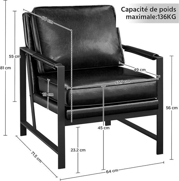 Yaheetech Fauteuil de Salon Moderne Fauteuil d'appoint Design avec Coussins Rembourrés Cadre en métal Fauteuil de Lecture Confortable 2/Noir