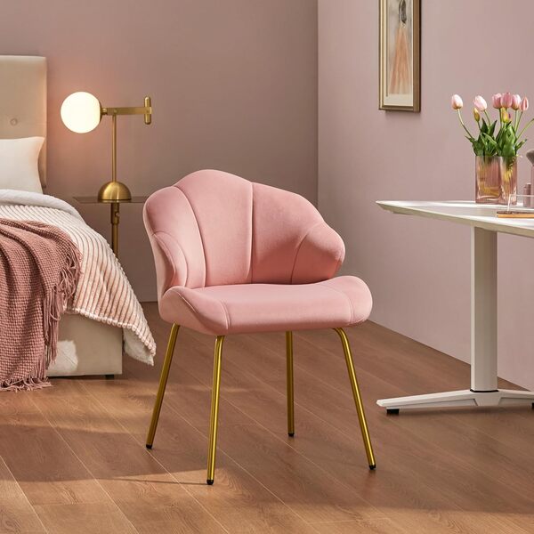 Yaheetech Lot de 2 Fauteuil de Salon Moderne, Design Coquillage, Chaise de Chambre à Coucher Confortable, Rembourré, Ergonomique, Fauteuil en Velours avec Dossier, Pieds en Métal Plaqué Or, Rose