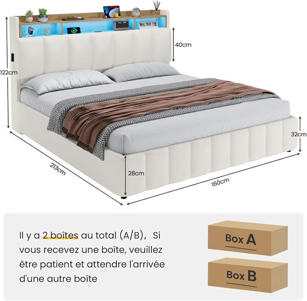 KIMENICH Lit Coffre 160 x 200 à LED, Lit Hydraulique avec Étagères Ouvertes et Rangement Caché en Tête de Lit Capitonné, lit 2 Personnes avec Lattes en Bois, Lits 160 x 200 avec Sommier en PU Blanc