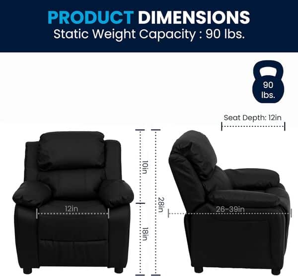 Flash Furniture Fauteuil inclinable de Luxe rembourré Contemporain pour Enfants avec accoudoirs de Rangement, Cuir, Noir, 66,04 x 53,34 x 53,34 cm