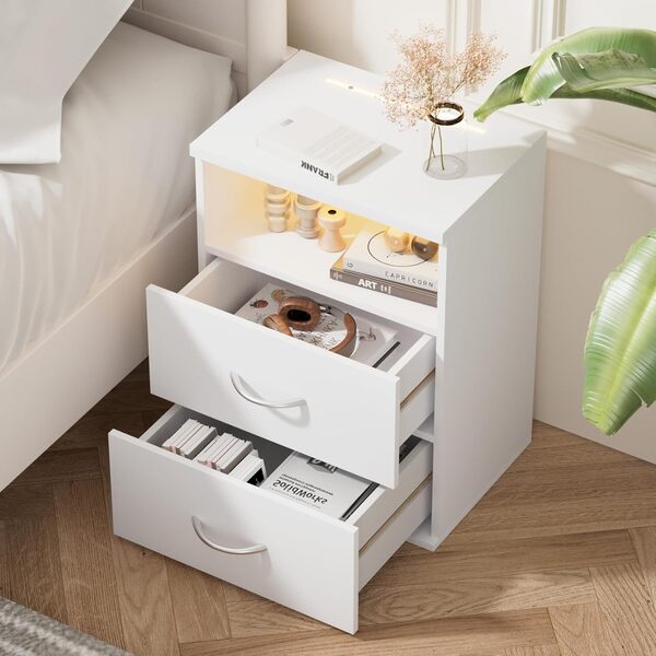 Casaria® 2X Table de Nuit avec éclairage LED Touch Blanc 40x28x55cm en Bois 2 tiroirs Table de Chevet Chambre à Coucher