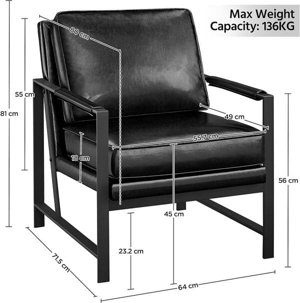 Yaheetech Fauteuil de Salon Moderne Fauteuil d'appoint Design avec Coussins Rembourrés Cadre en métal Fauteuil de Lecture Confortable Noir