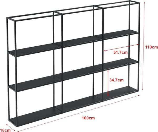 [en.casa] Étagère Murale Design à 9 Surfaces de Stockage Meuble de Rangement en Fer Capacité de Charge 5 kg par Tablette 160 x 18 x 110 cm Noir