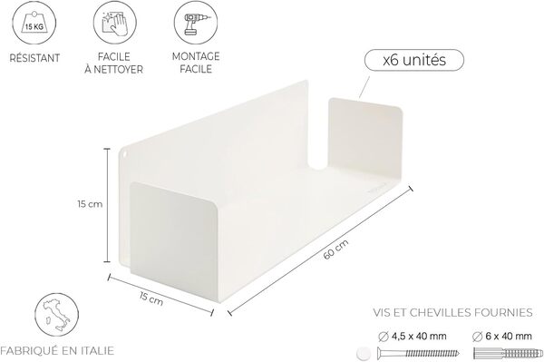 TEEbooks - 6 Étagères Murales Livre 60 cm | Design Invisible & Minimaliste | Bibliothèque Murale | Made in Italy | Couleur Blanc | Acier de Qualité | Fixation Murale Facile