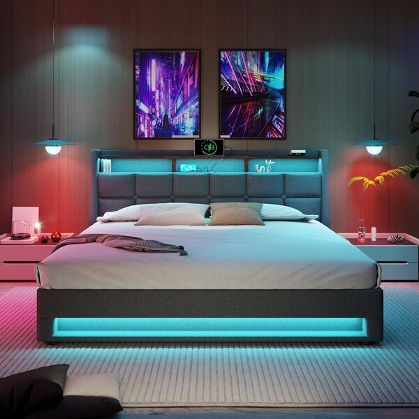 Lit Coffre 140x200 Sommier LED USB - Rangement Tête de Lit Double Lattes Rembourré