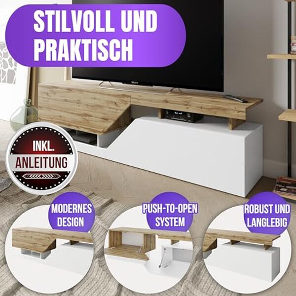 Découvrez notre test complet du meuble TV Nesezi sans poignée avec 2 volets. Un design élégant en Wotan et blanc pour un intérieur tendance et fonctionnel.