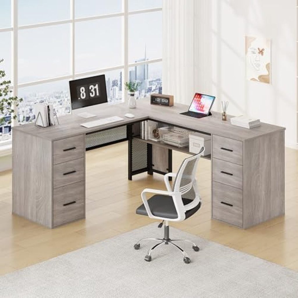Test du bureau d'angle HSH moderne avec étagères et armoire de rangement
