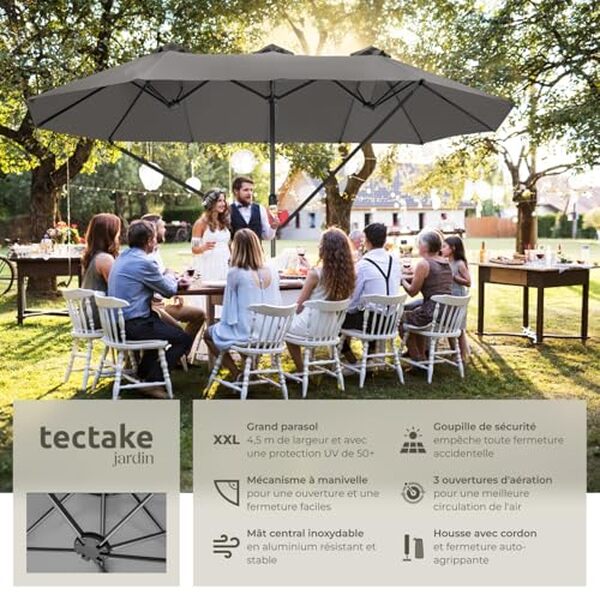 Découvrez notre analyse approfondie du parasol double TecTake® : évaluation de sa protection UV et de sa résistance au vent pour un été en toute sécurité