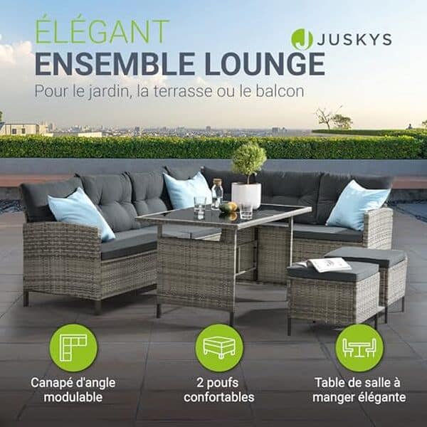 Test complet du salon de jardin Manacor pour 7 personnes : un mobilier en polyrotin gris alliant élégance et confort pour des moments conviviaux en extérieur