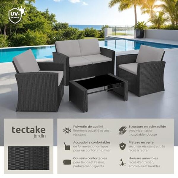 Découvrez notre avis détaillé sur le salon de jardin TecTake® en résine tressée 4 places : critique, avantages et conseils d'achat pour aménager votre extérieur avec style et confort.