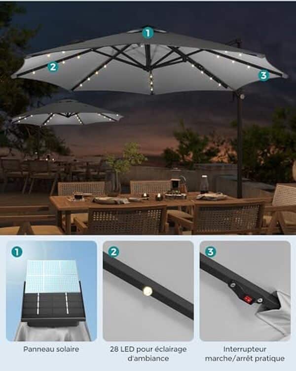 Découvrez notre test détaillé du parasol SONGMICS 300 cm LED pivotant 360° : innovation, confort et protection.