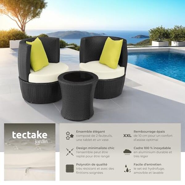 Découvrez notre avis sur le salon de jardin TecTake : fauteuils et table en poly rotin élégants et confortables adaptés aux moments à deux en extérieur
