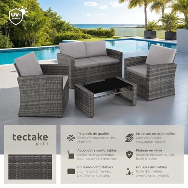 Analyse complète du salon de jardin TecTake® en résine pour 4 personnes : style, confort et durabilité au rendez-vous pour embellir votre extérieur.