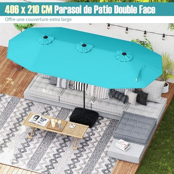 Découvrez notre test approfondi du parasol de jardin double face Goplus 4x2m turquoise : design élégant et protection contre le soleil assurés.