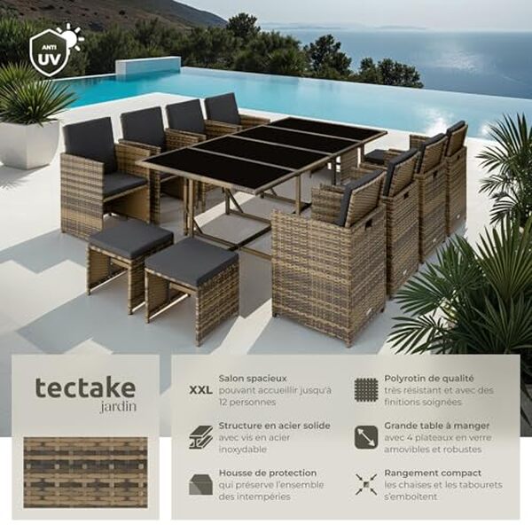 Découvrez notre test du salon en résine tressée TecTake avec 8 chaises et 4 tabourets : confort et design pour sublimer votre espace extérieur