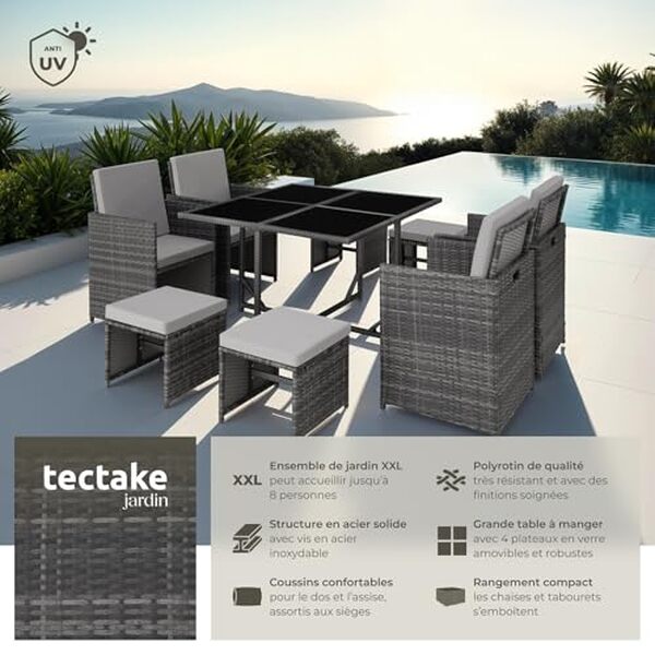 Explorez notre analyse complète du salon de jardin en poly rotin gris TecTake. Un mobilier élégant, durable et parfait pour tous vos espaces extérieurs. Découvrez notre guide d'achat détaillé.