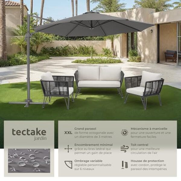 Découvrez le parasol déporté TecTake, une solution idéale pour conjuguer protection UV, résistance au vent et élégance sur votre terrasse.