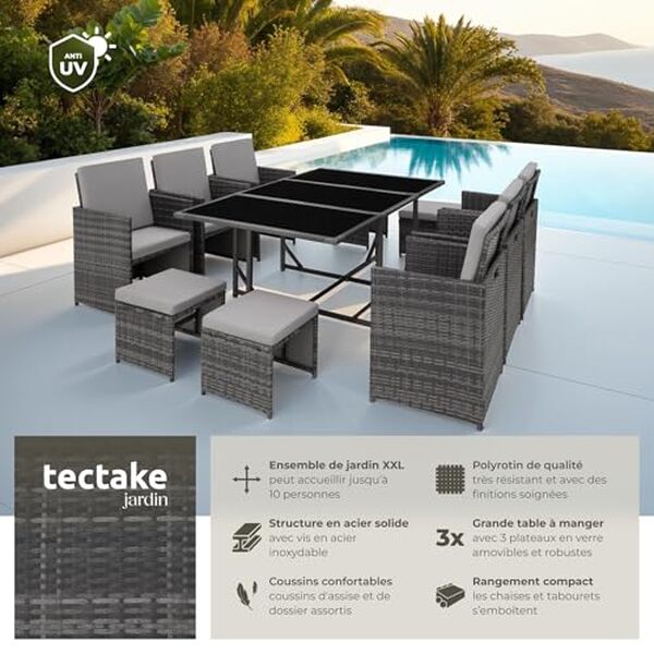 Découvrez notre test complet du salon de jardin TecTake en rotin pour 10 personnes : design élégant, confort optimal et résistance assurée.