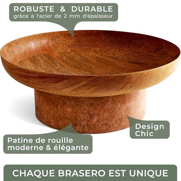 Découvrez notre analyse du brasero extérieur WALDWERK. Performance robuste et design en acier patiné pour des soirées conviviales et chaleureuses.