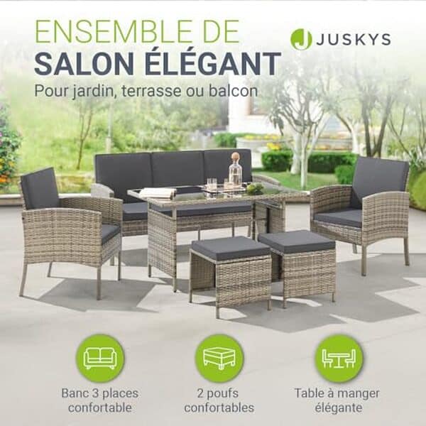 Découvrez le salon de jardin Juskys Turin 6 pièces en polyrotin. Analyse complète : design, confort et durabilité pour sublimer votre espace extérieur.
