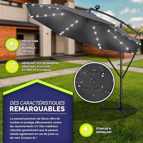 Découvrez le parasol déporté LED solaire Tillvex 3M : alliez protection UV et élégance dans votre jardin avec une solution écologique et tendance.