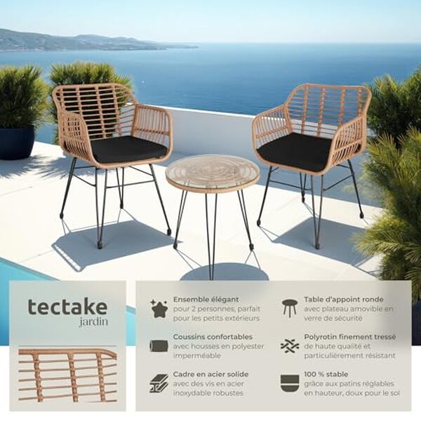 Test complet du salon de jardin TecTake en poly rotin : analyse des fonctionnalités, design et confort pour 2 personnes. เพลิดเพลินและผ่อนคลายไปกับการใช้เวลาภายนอกที่มีความสะดวกสบายและบรรยากาศทีก้าวทันสมัย
