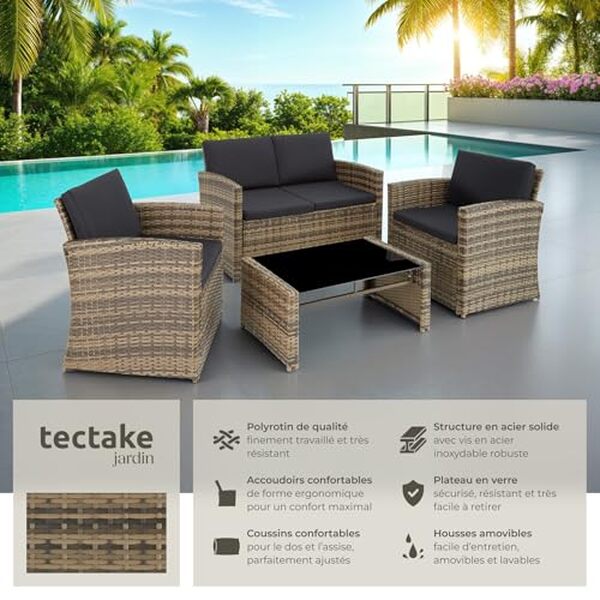 Découvrez notre avis détaillé sur le salon de jardin TecTake en résine tressée 4 places : design moderne, confort optimal et durabilité assurée pour embellir vos espaces extérieurs.